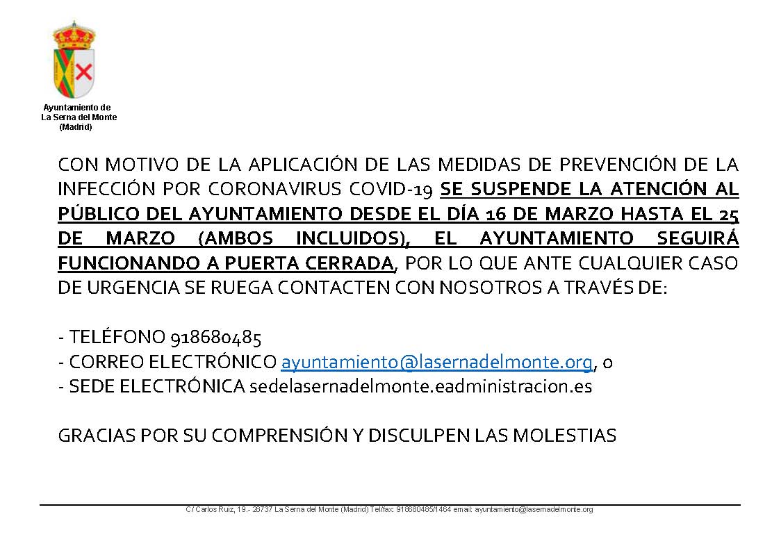 SUSPENSION ATENCION AL PUBLICO AYUNTAMIENTO